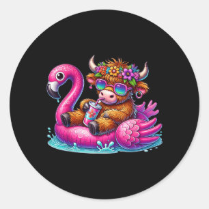 Highland Cow Flamingo ol Float Summer Hawaii Beach Classic Round Sticker