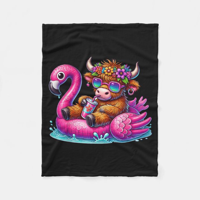 Highland Cow Flamingo ol Float Summer Hawaii Beach Fleece Blanket (Front)