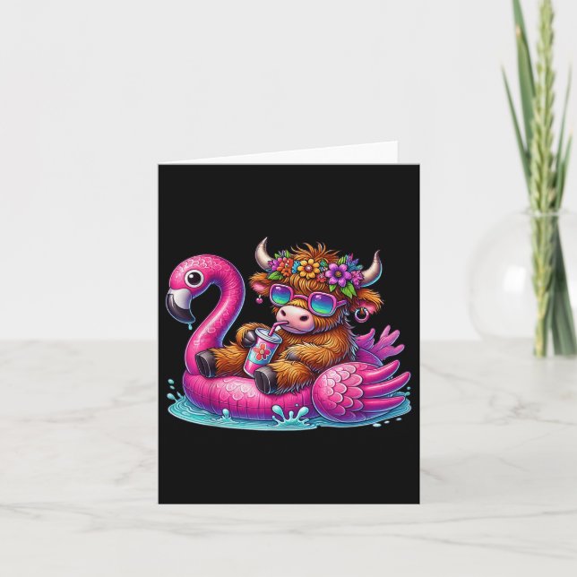 Highland Cow Flamingo Pool Float Summer Hawaii Bea Card (Front)