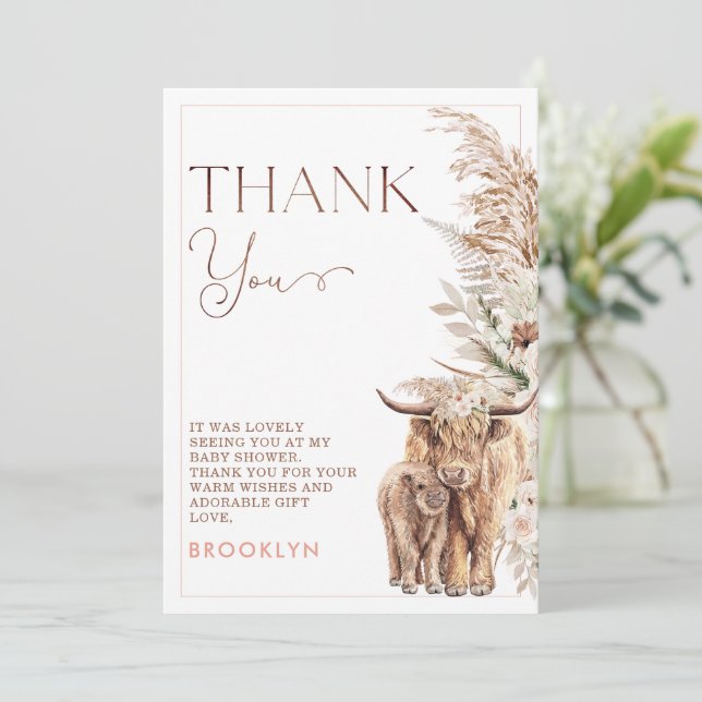 Highland Cow Floral Baby Shower Thank You Card (Standing Front)