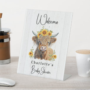 Highland Cow Floral Boho Farm Animal Bridal Shower Pedestal Sign