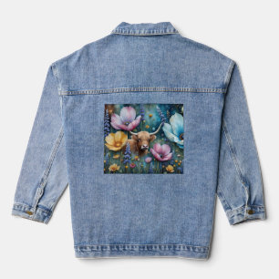 Highland Cow Floral Colorful Cosmos  Denim Jacket