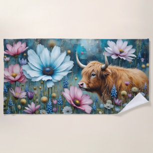 Highland Cow Floral Colorful Cosmos Tapestry II Beach Towel