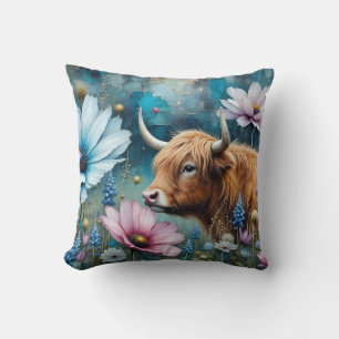Highland Cow Floral Colorful Cosmos Tapestry II Cushion
