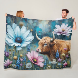 Highland Cow Floral Colorful Cosmos Tapestry II Fleece Blanket