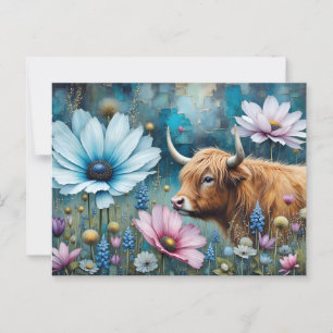 Highland Cow Floral Colorful Cosmos Tapestry II Postcard