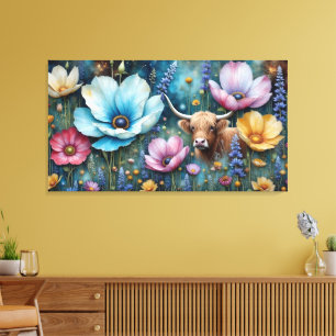 Highland Cow Floral Colourful Cosmos Tapestry Canvas Print