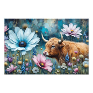 Highland Cow Floral Colourful Cosmos Tapestry II Photo Print