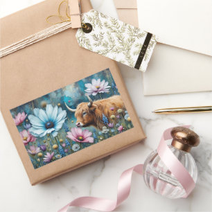 Highland Cow Floral Colourful Cosmos Tapestry II Rectangular Sticker