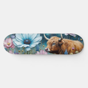 Highland Cow Floral Colourful Cosmos Tapestry II Skateboard