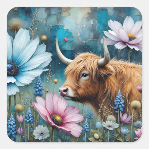 Highland Cow Floral Colourful Cosmos Tapestry II Square Sticker