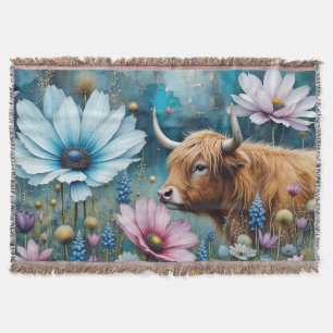 Highland Cow Floral Colourful Cosmos Tapestry II Throw Blanket