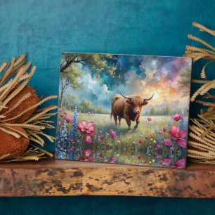 Highland Cow Floral Colourful tree and sky Plaque