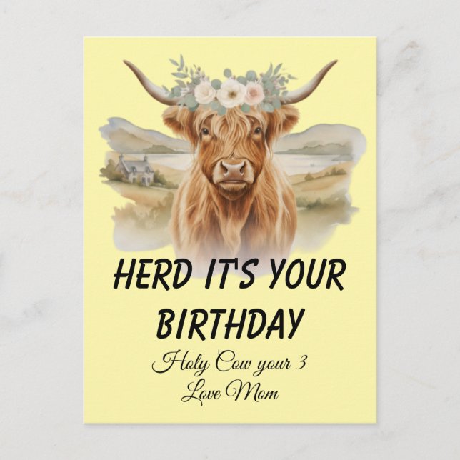 Highland Cow Floral Crown Birthday Greeting Postcard (Front)