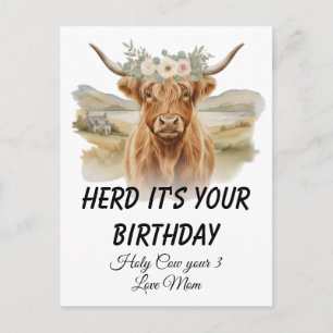 Highland Cow Floral Crown Birthday Greeting Postcard