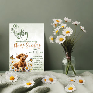 Highland cow floral daisy baby shower invitation