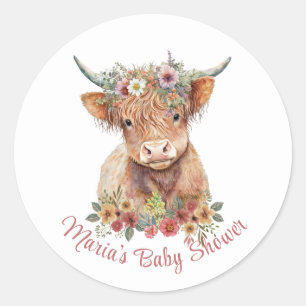 Highland Cow Floral Illustration Cute Rustic Classic Round Sticker