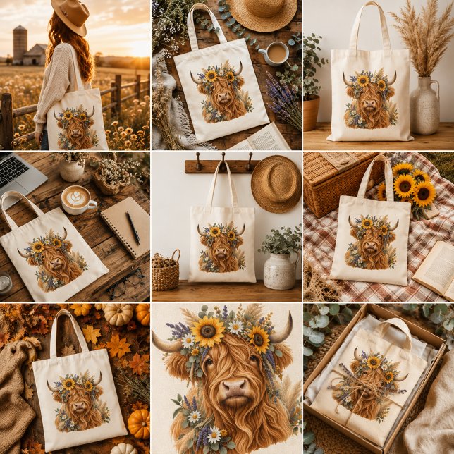 Highland Cow Floral Tote Bag  (Creator Uploaded)