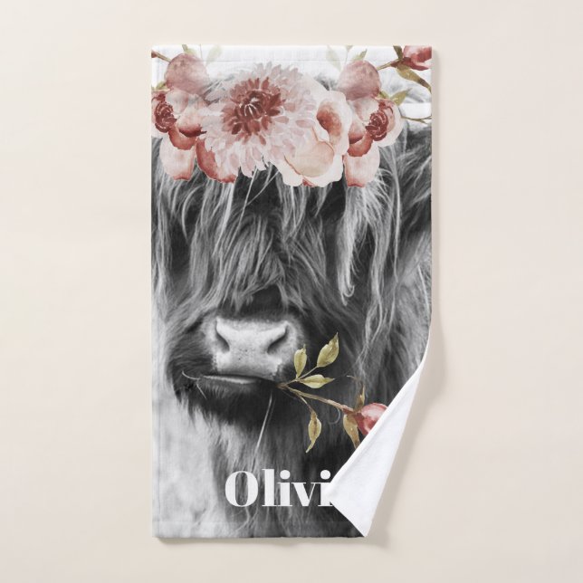 Highland Cow Floral | Western Cowgirl Kids Name Bath Towel Set (Hand Towel)