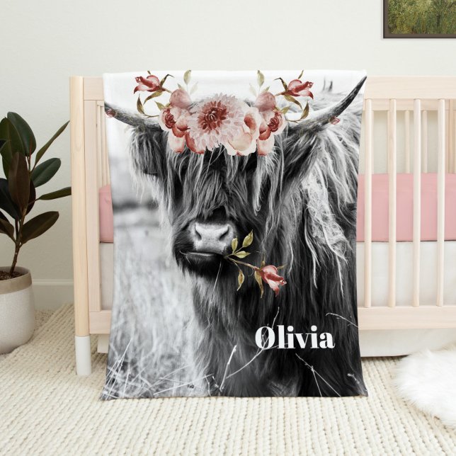 Highland Cow Floral | Western Cowgirl Kids Name Fleece Blanket (Creator Uploaded)