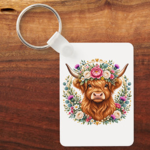 Highland Cow Floral Wreath Scottish Botanical Key Ring