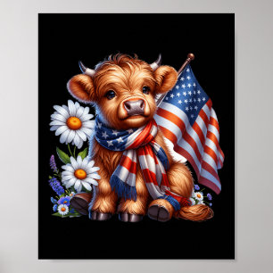 Highland Cow Florals 4th Of July Usa Flag Patrioti Poster