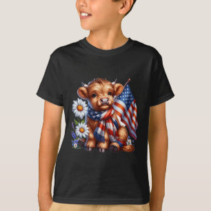 Highland Cow Florals 4th Of July Usa Flag Patrioti T-Shirt
