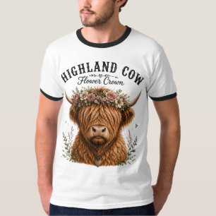 Highland Cow Flower Crown Cottagecore Graphic Desi T-Shirt