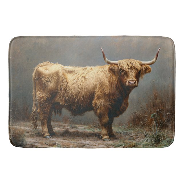 Highland Cow Full Body Vintage Painting Bath Mat (Front)