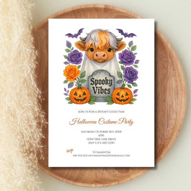 Highland Cow Ghost Flowers Pumpkin Halloween Party Invitation (Cute Highland Cow Ghost Halloween Party Invitation. Perfect for Adults or kids)