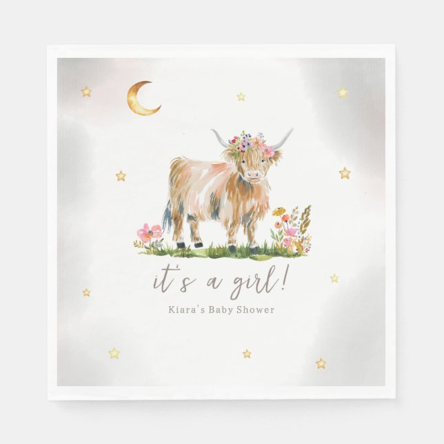 Highland Cow Girl Baby Shower Paper Napkin (Front)
