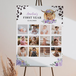 Highland Cow Girl Birthday Photo Milestone Poster