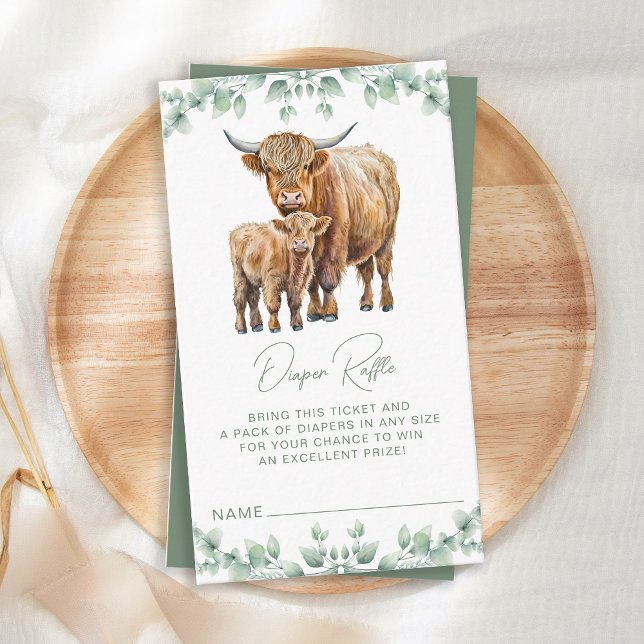 Highland Cow Greenery Baby Shower Diaper Raffle  Enclosure Card (Creator Uploaded)