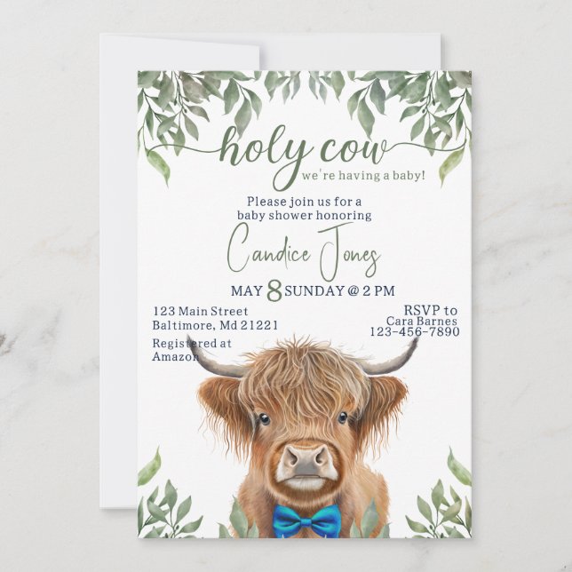  highland cow greenery baby shower invitation (Front)