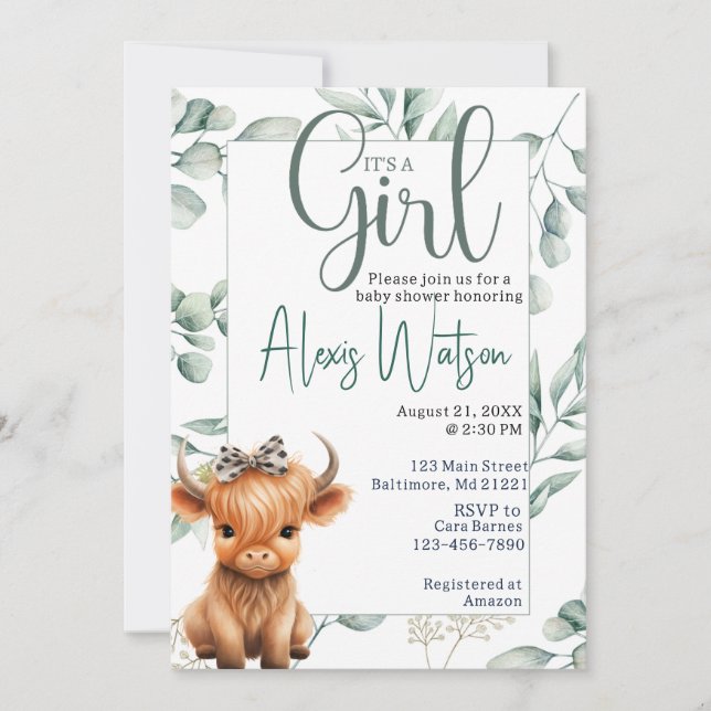  highland cow greenery baby shower invitation (Front)