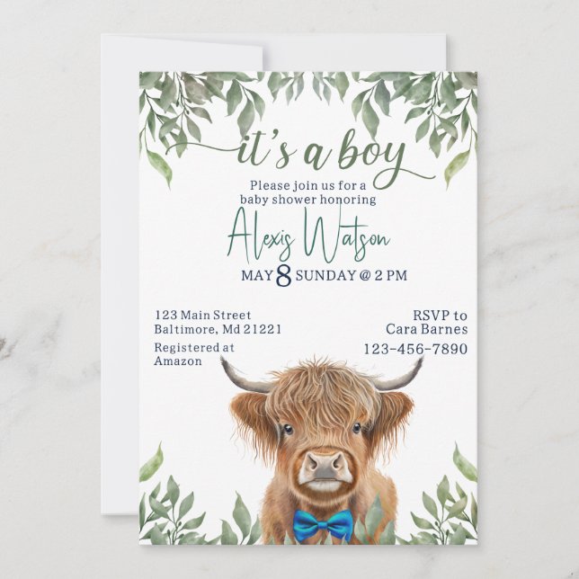  highland cow greenery baby shower invitation (Front)