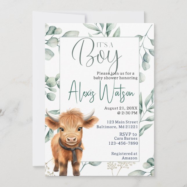  highland cow greenery baby shower invitation (Front)
