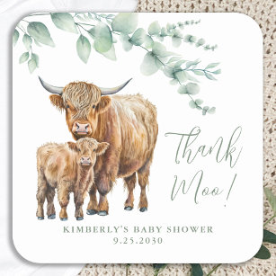 Highland Cow Greenery Baby Shower Thank You Square Sticker