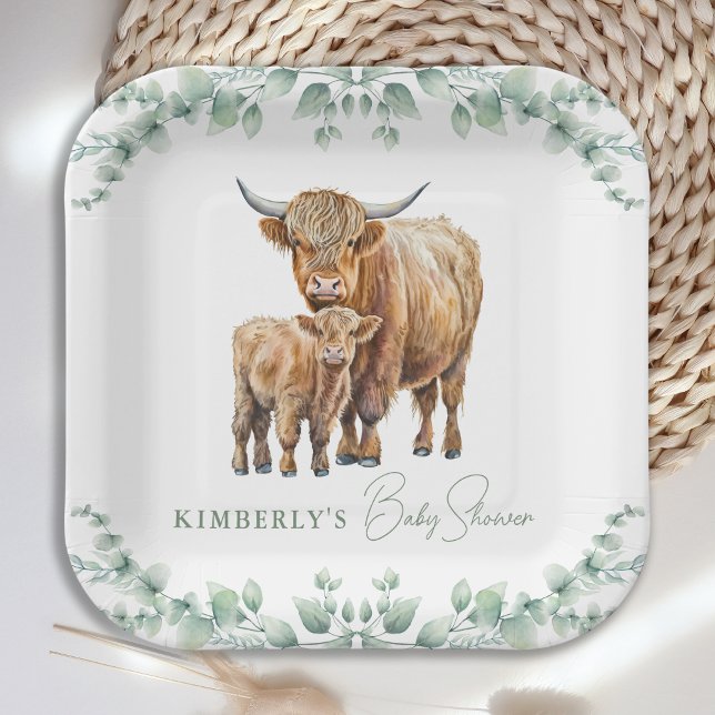 Highland Cow Greenery Boho Farm Animal Baby Shower Paper Plate (Creator Uploaded)