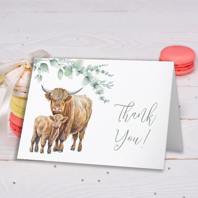 Highland Cow Greenery Boho Farm Animal Baby Shower Thank You Card (Creator Uploaded)