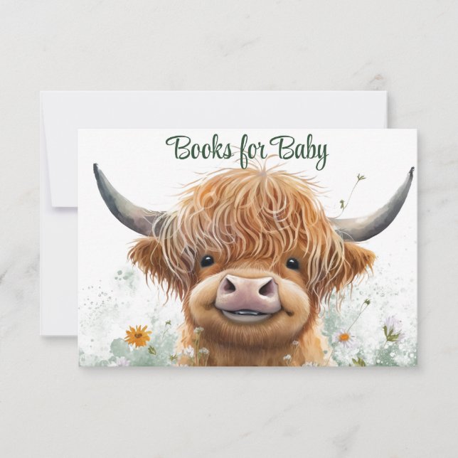 Highland cow greenery books for baby RSVP card (Front)