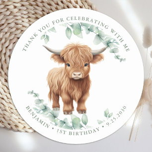Highland Cow Greenery Farm Animals Kids Birthday Classic Round Sticker