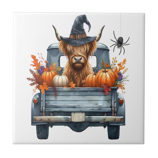 Highland Cow Halloween Fall Tile (Front)