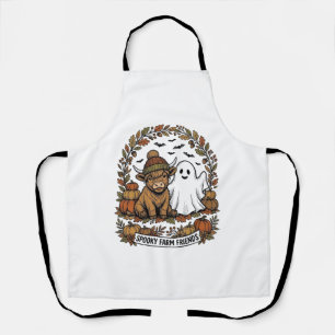 Highland Cow Halloween Ghost Pumpkin Vintage Art Apron