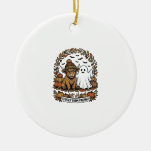 Highland Cow Halloween Ghost Pumpkin Vintage Art Ceramic Tree Decoration