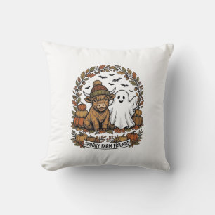 Highland Cow Halloween Ghost Pumpkin Vintage Art Cushion