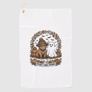 Highland Cow Halloween Ghost Pumpkin Vintage Art Golf Towel