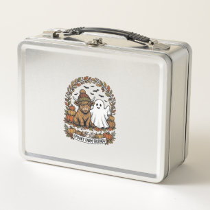 Highland Cow Halloween Ghost Pumpkin Vintage Art Metal Lunch Box