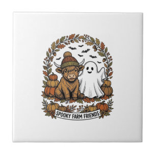 Highland Cow Halloween Ghost Pumpkin Vintage Art Tile