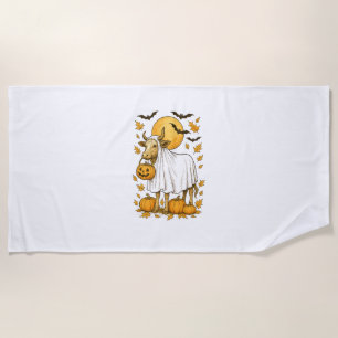 Highland Cow Halloween in Ghost Costume Beach Towel